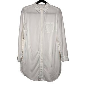 Chicos 0 Size 4 White Linen Button Front Tunic Top Long Sleeve Collar Shirt
